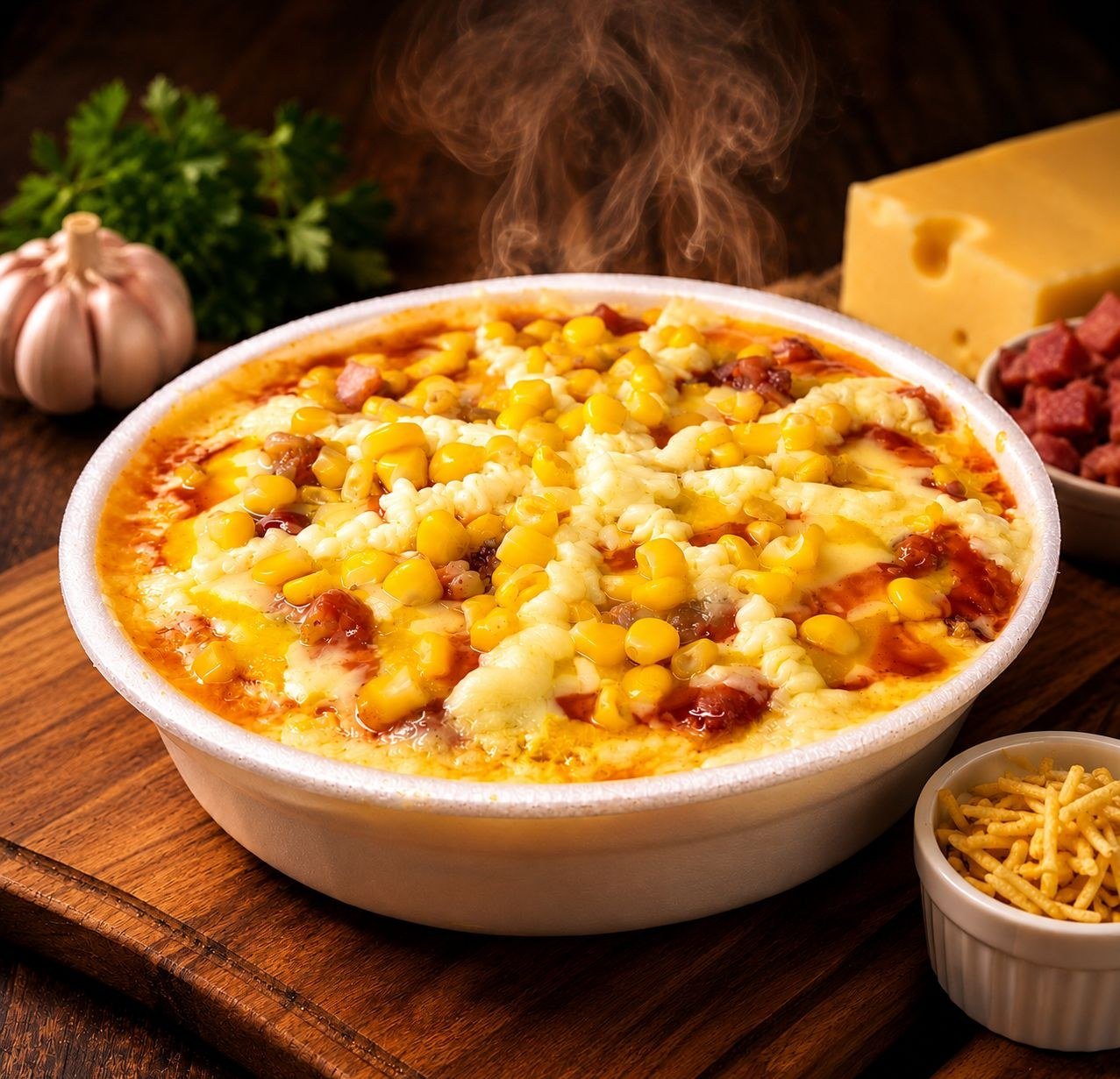 Batata recheada com queijo, milho e recheio cremoso