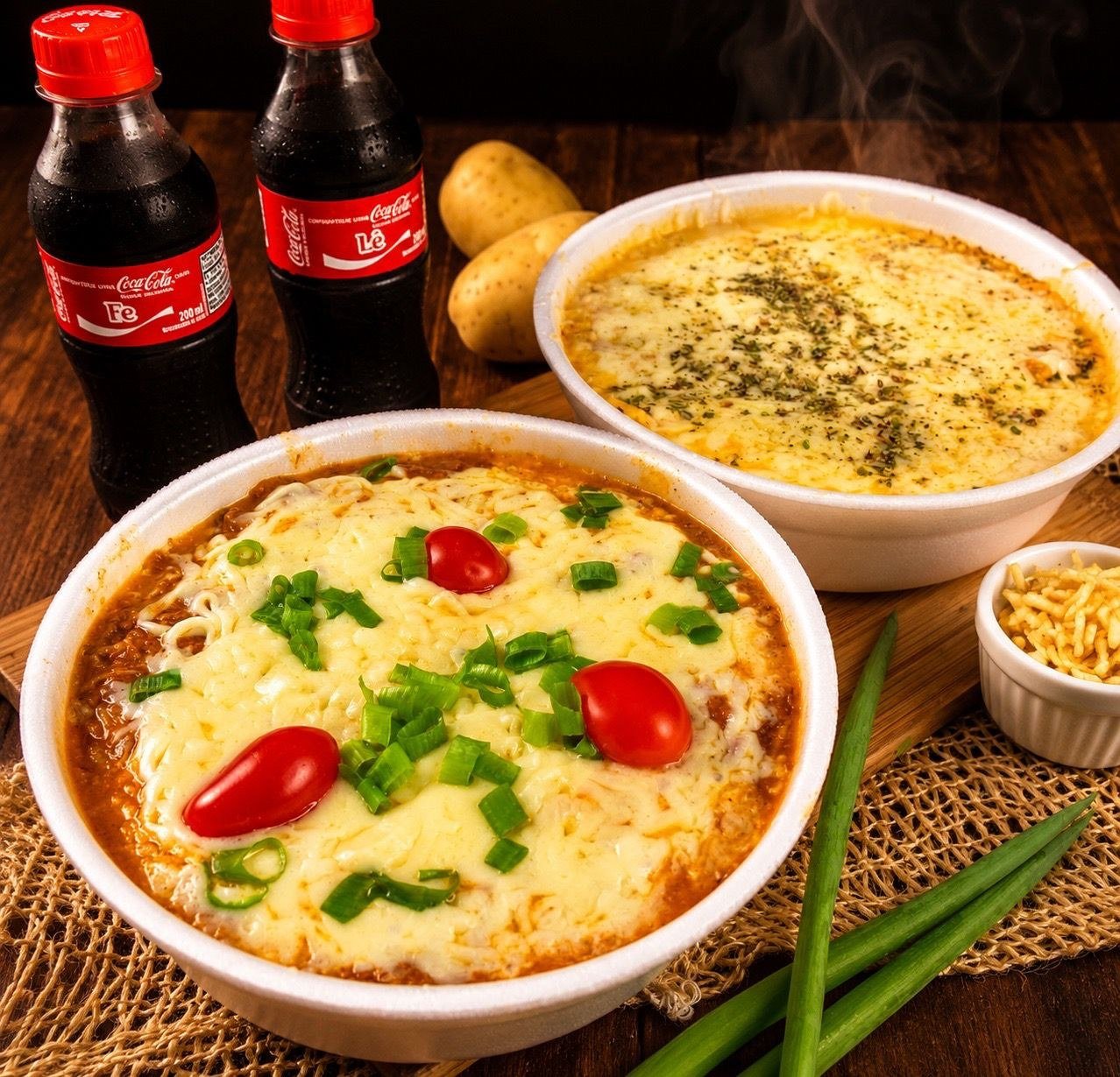Duas batatas recheadas e bebidas do delivery